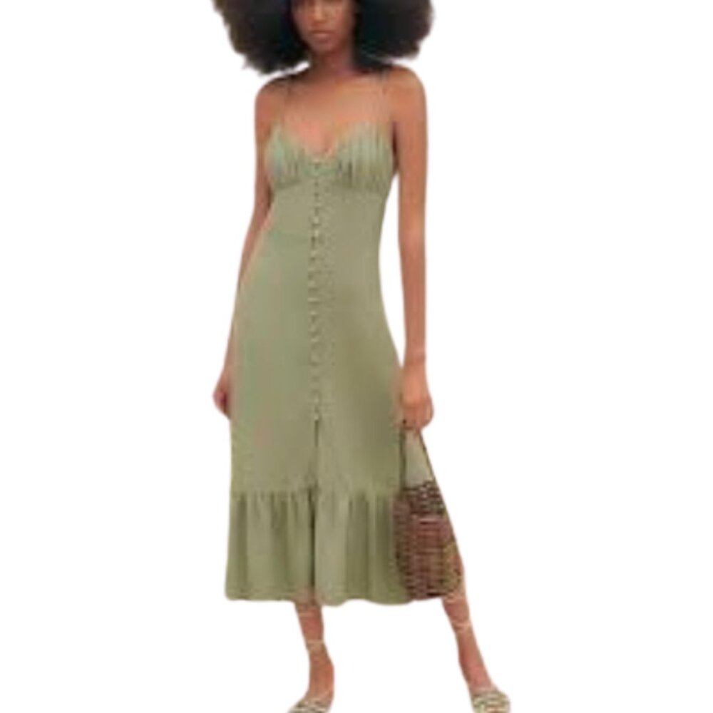 Sage Button Down Pleated Bust Midi Dress